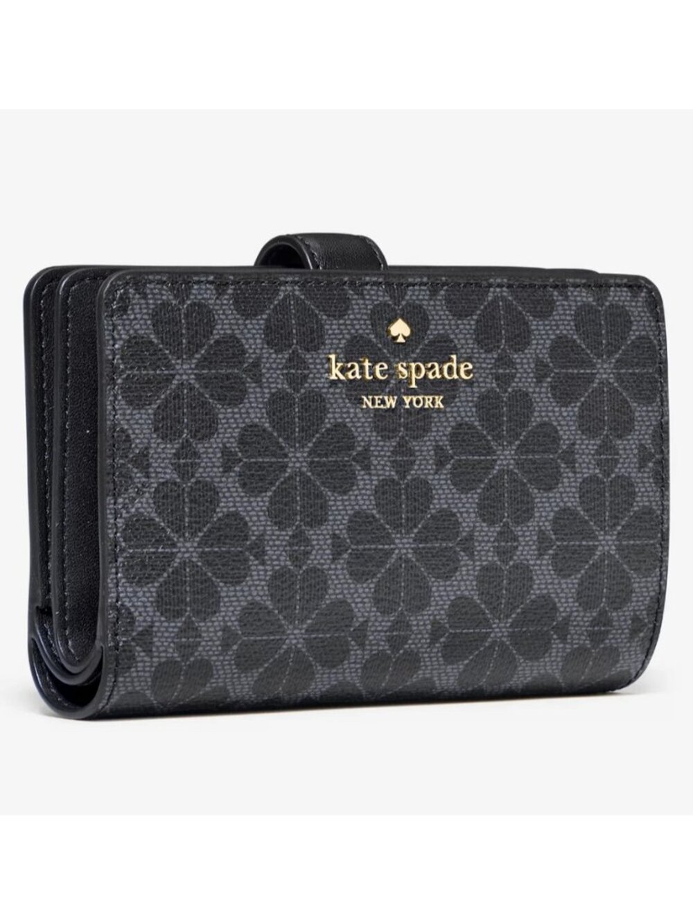 New Kate Spade Signature Spade Flower Medium Compact Bifold Wallet Black